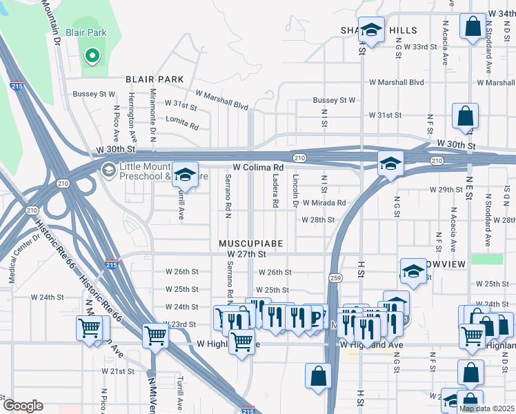 map of restaurants, bars, coffee shops, grocery stores, and more near 2803 Muscupiabe Drive in San Bernardino