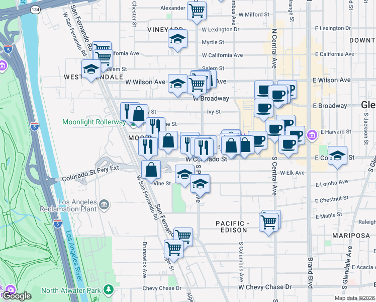 map of restaurants, bars, coffee shops, grocery stores, and more near 526 Oak Street in Glendale