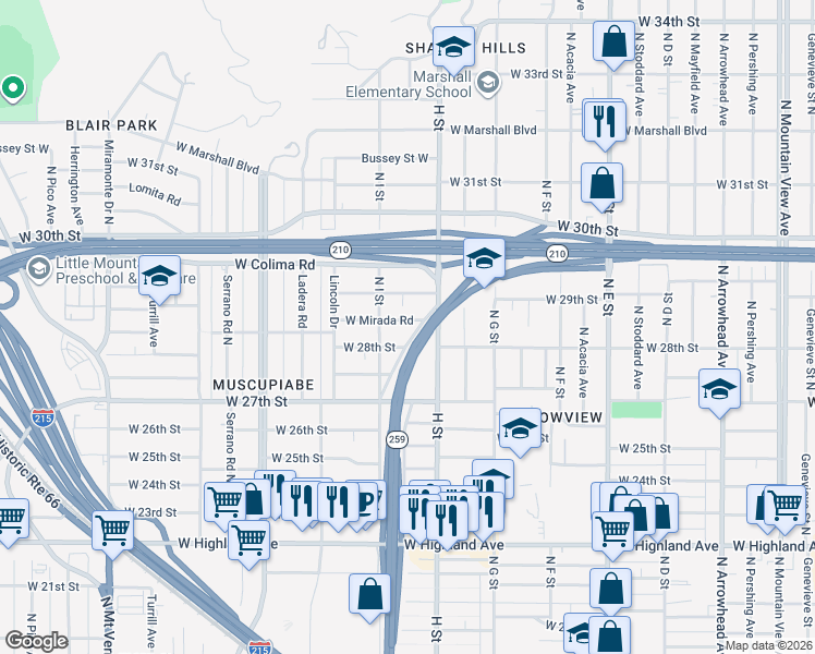 map of restaurants, bars, coffee shops, grocery stores, and more near 851 West Mirada Road in San Bernardino