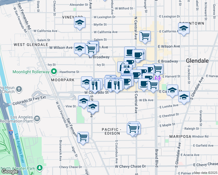 map of restaurants, bars, coffee shops, grocery stores, and more near 424 Oak Street in Glendale
