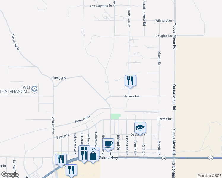 map of restaurants, bars, coffee shops, grocery stores, and more near 5953 Carmelita Avenue in Yucca Valley