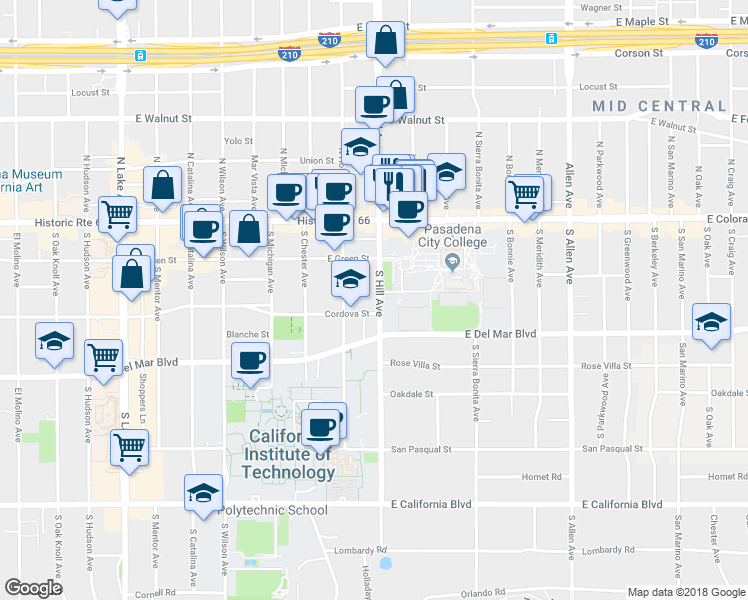 map of restaurants, bars, coffee shops, grocery stores, and more near 1363 Cordova Street in Pasadena