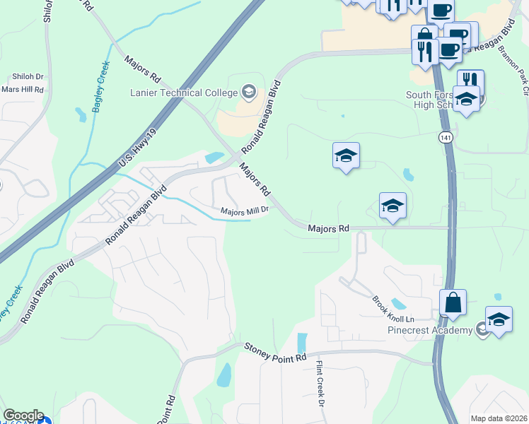 map of restaurants, bars, coffee shops, grocery stores, and more near 7925 Majors Mill Drive in Cumming