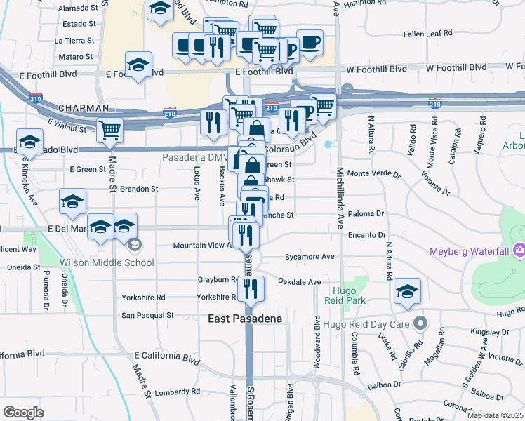 map of restaurants, bars, coffee shops, grocery stores, and more near 3727 Blanche Street in Pasadena