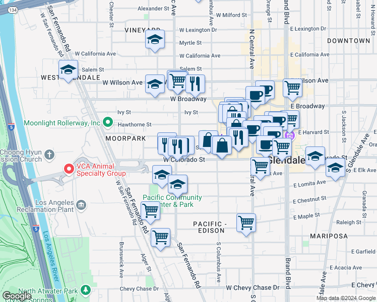 map of restaurants, bars, coffee shops, grocery stores, and more near 460 Oak Street in Glendale