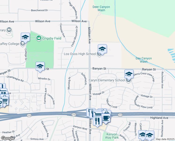 map of restaurants, bars, coffee shops, grocery stores, and more near 11270 Crestridge Court in Rancho Cucamonga