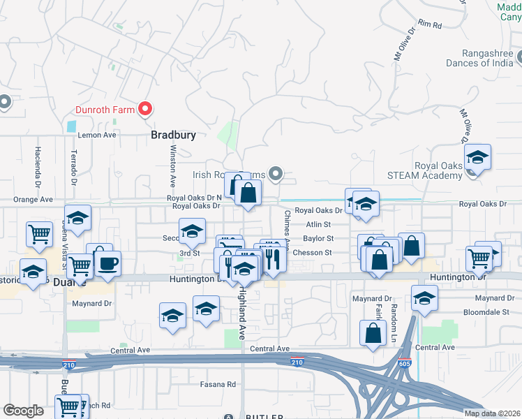 map of restaurants, bars, coffee shops, grocery stores, and more near 1828 Royal Oaks Drive in Duarte