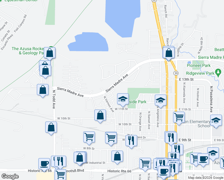 map of restaurants, bars, coffee shops, grocery stores, and more near 854 Sierra Madre Avenue in Azusa
