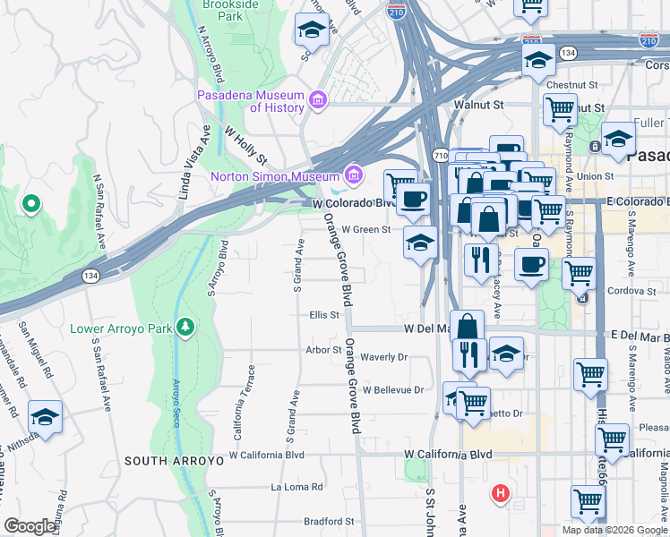 map of restaurants, bars, coffee shops, grocery stores, and more near 155 South Orange Grove Boulevard in Pasadena