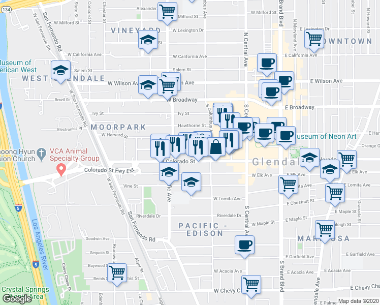 map of restaurants, bars, coffee shops, grocery stores, and more near 445 West Colorado Street in Glendale