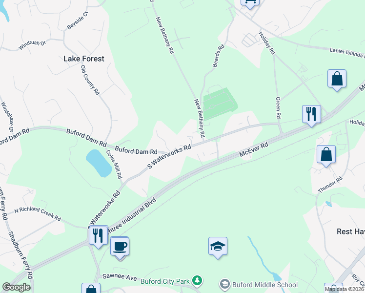 map of restaurants, bars, coffee shops, grocery stores, and more near 2759 South Waterworks Road in Buford