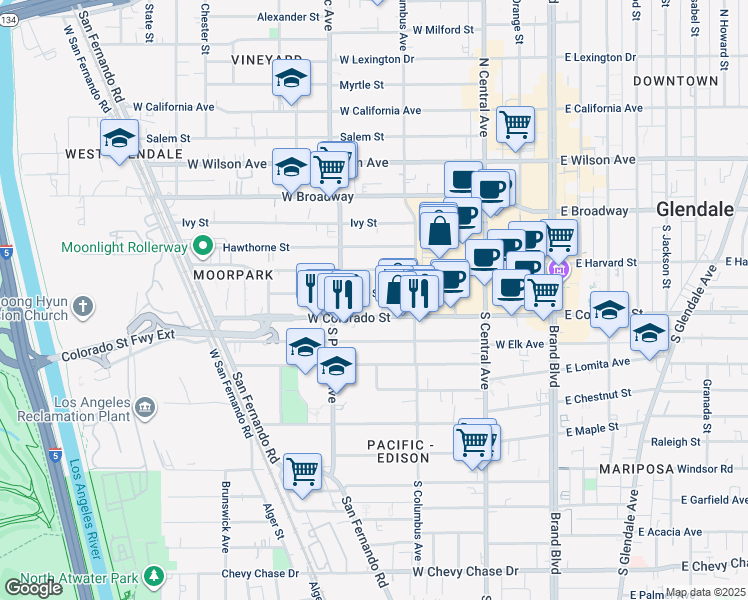 map of restaurants, bars, coffee shops, grocery stores, and more near 460 Oak Street in Glendale