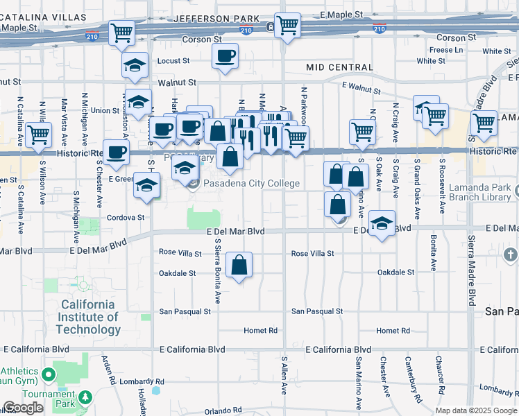 map of restaurants, bars, coffee shops, grocery stores, and more near 159 South Meridith Avenue in Pasadena