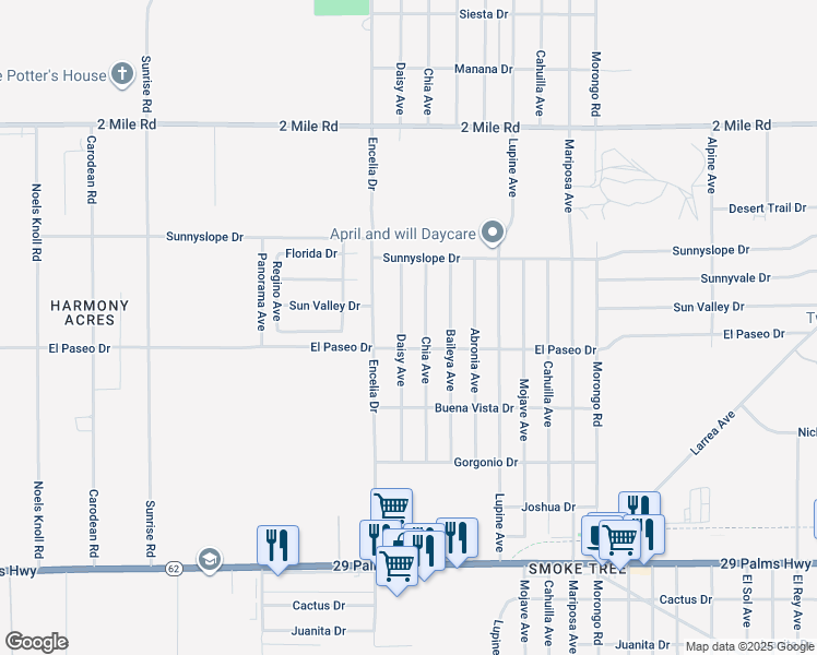 map of restaurants, bars, coffee shops, grocery stores, and more near 6073 Daisy Avenue in Twentynine Palms