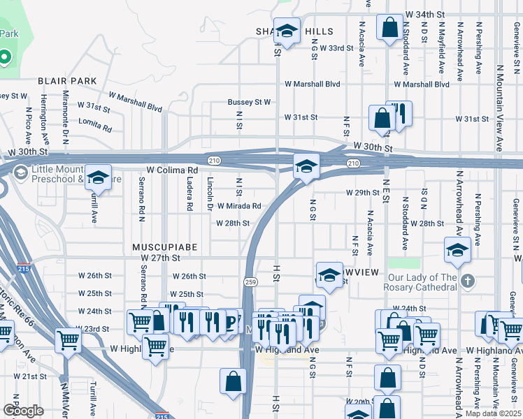 map of restaurants, bars, coffee shops, grocery stores, and more near 843 West Mirada Road in San Bernardino