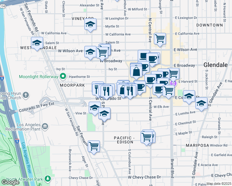 map of restaurants, bars, coffee shops, grocery stores, and more near 424 Oak Street in Glendale
