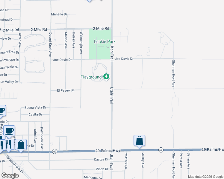 map of restaurants, bars, coffee shops, grocery stores, and more near Utah Trail in Twentynine Palms