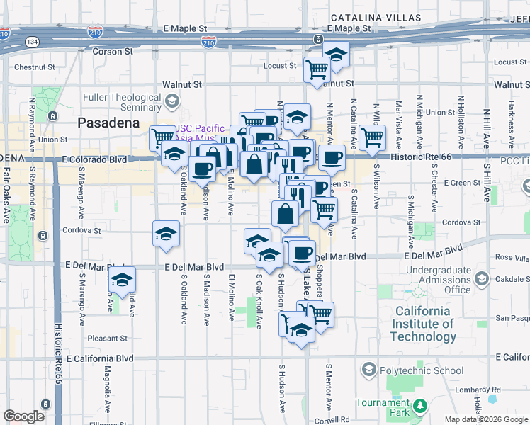 map of restaurants, bars, coffee shops, grocery stores, and more near 150 South Oak Knoll Avenue in Pasadena