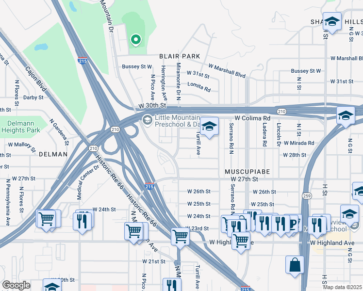 map of restaurants, bars, coffee shops, grocery stores, and more near 1298 West Mirada Road in San Bernardino