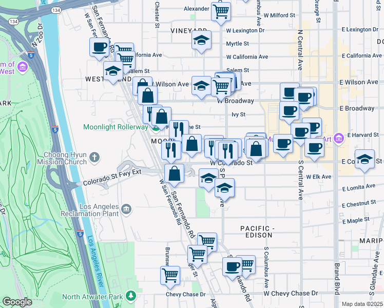 map of restaurants, bars, coffee shops, grocery stores, and more near 566 Oak Street in Glendale