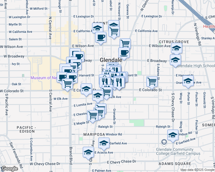 map of restaurants, bars, coffee shops, grocery stores, and more near 245B South Glendale Avenue in Glendale