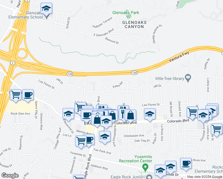 map of restaurants, bars, coffee shops, grocery stores, and more near 2020 Estes Road in Los Angeles