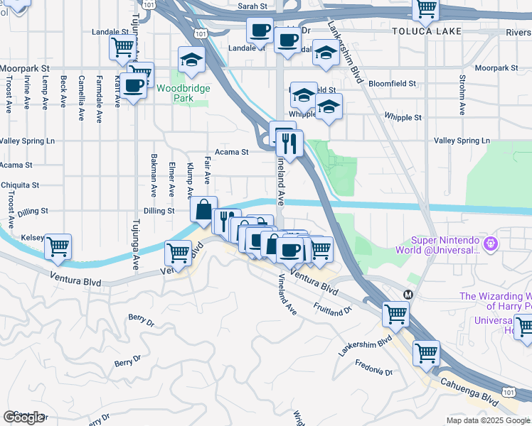 map of restaurants, bars, coffee shops, grocery stores, and more near 4140 Arch Drive in Los Angeles