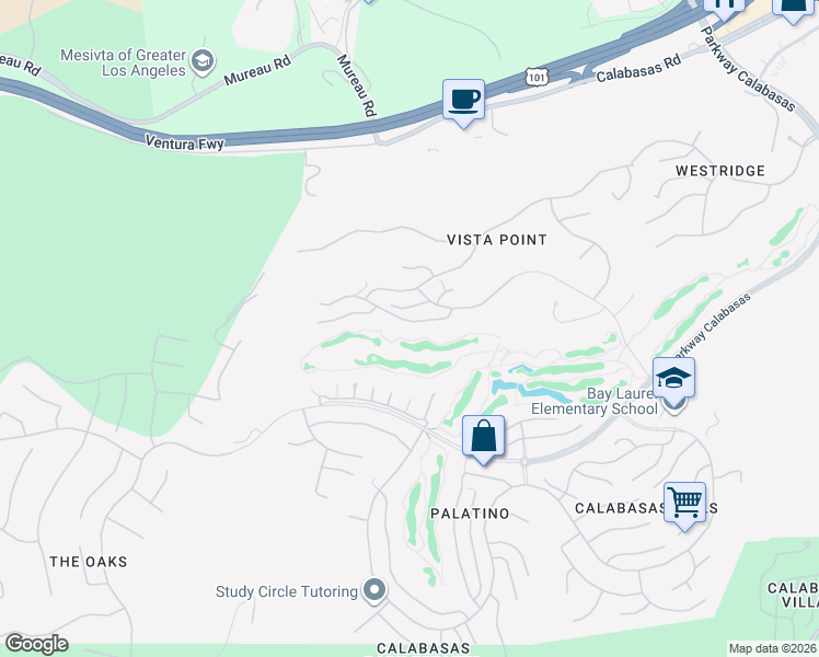 map of restaurants, bars, coffee shops, grocery stores, and more near 24548 Palermo Drive in Calabasas