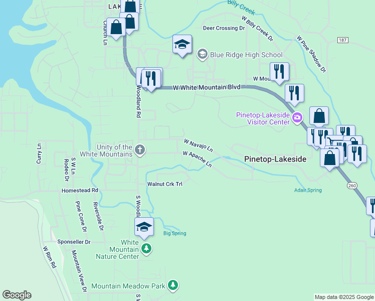 map of restaurants, bars, coffee shops, grocery stores, and more near 1208 West Apache Lane in Pinetop-Lakeside