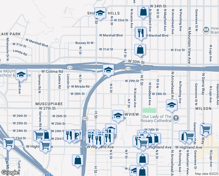 map of restaurants, bars, coffee shops, grocery stores, and more near 2838 North G Street in San Bernardino