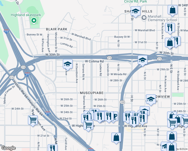 map of restaurants, bars, coffee shops, grocery stores, and more near 2803 Muscupiabe Drive in San Bernardino