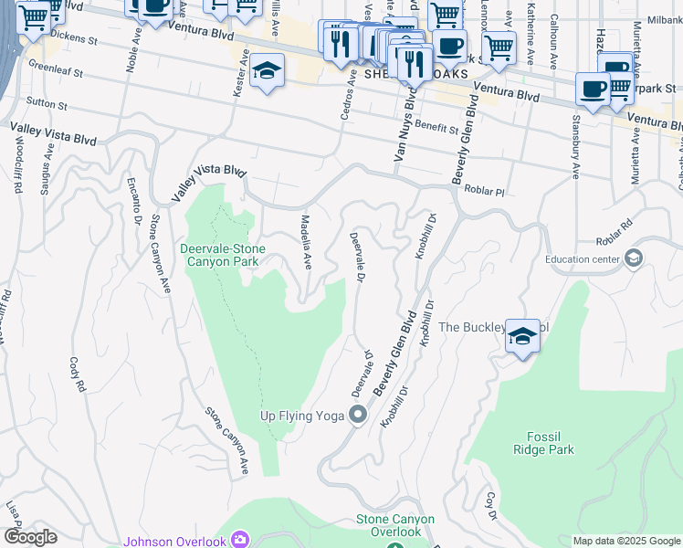 map of restaurants, bars, coffee shops, grocery stores, and more near 14750 Round Valley Drive in Los Angeles