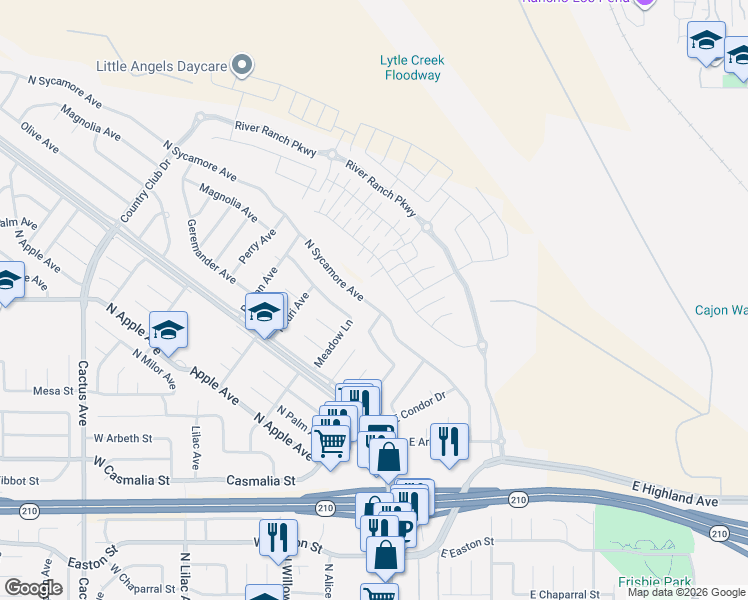map of restaurants, bars, coffee shops, grocery stores, and more near 2389 North Sycamore Avenue in Rialto