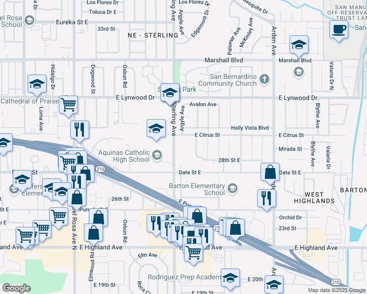 map of restaurants, bars, coffee shops, grocery stores, and more near 2855 North Sterling Avenue in San Bernardino