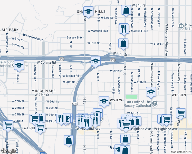 map of restaurants, bars, coffee shops, grocery stores, and more near 2838 North G Street in San Bernardino