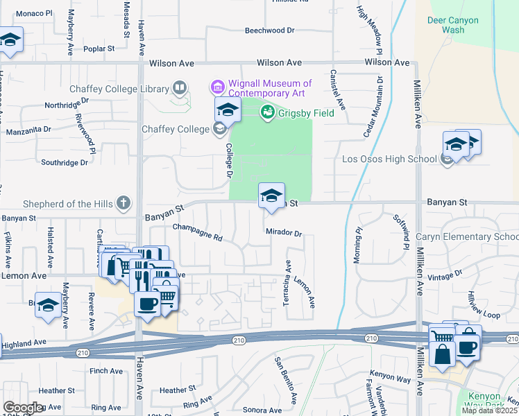 map of restaurants, bars, coffee shops, grocery stores, and more near 6110 Cantabria Avenue in Rancho Cucamonga