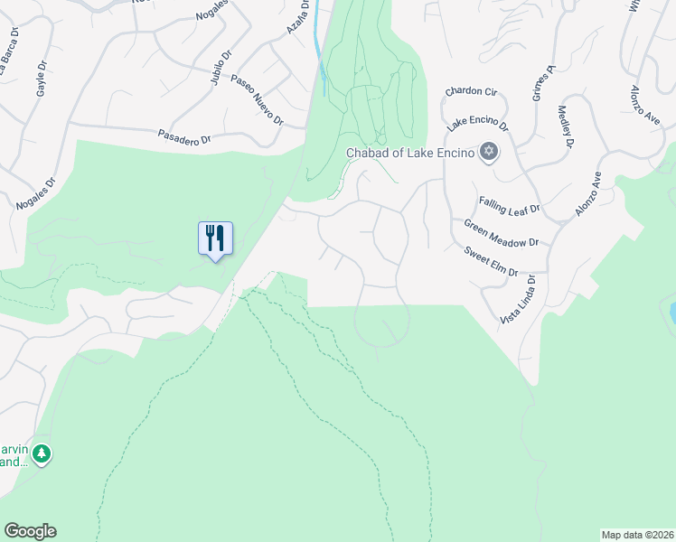 map of restaurants, bars, coffee shops, grocery stores, and more near 18572 Doral Way in Los Angeles