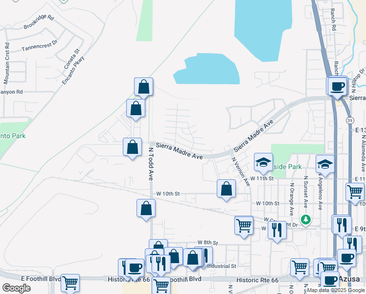 map of restaurants, bars, coffee shops, grocery stores, and more near 1005 Sierra Madre Avenue in Azusa