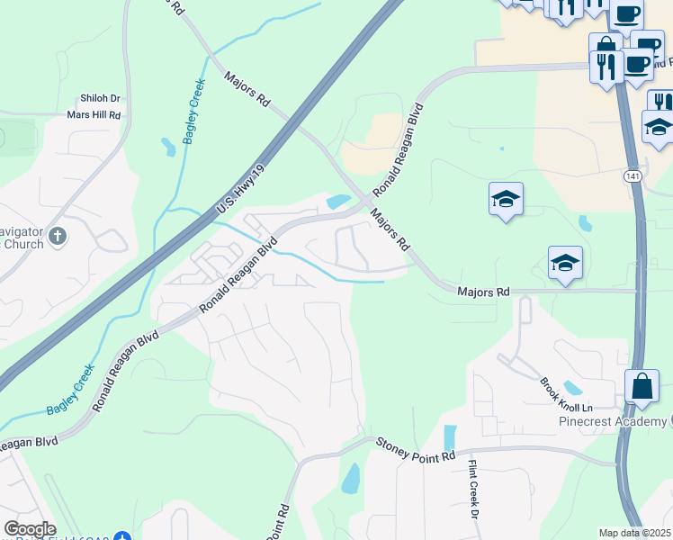 map of restaurants, bars, coffee shops, grocery stores, and more near 8215 Majors Mill Drive in Cumming