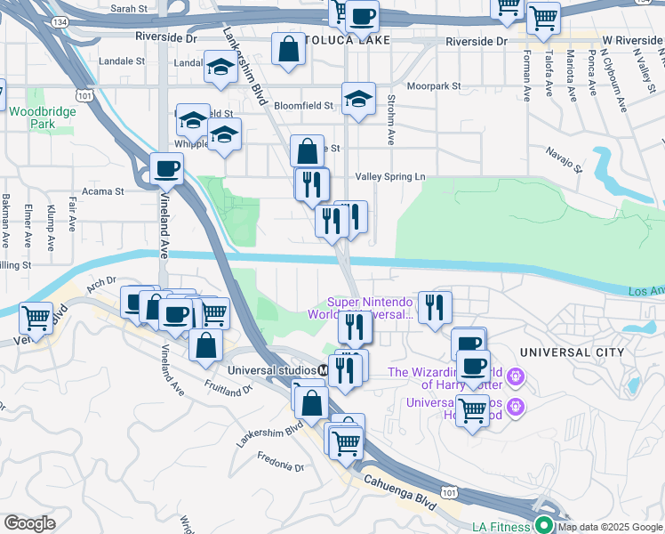 map of restaurants, bars, coffee shops, grocery stores, and more near 4075 Lankershim Boulevard in Los Angeles