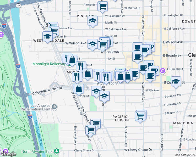 map of restaurants, bars, coffee shops, grocery stores, and more near 526 Oak Street in Glendale