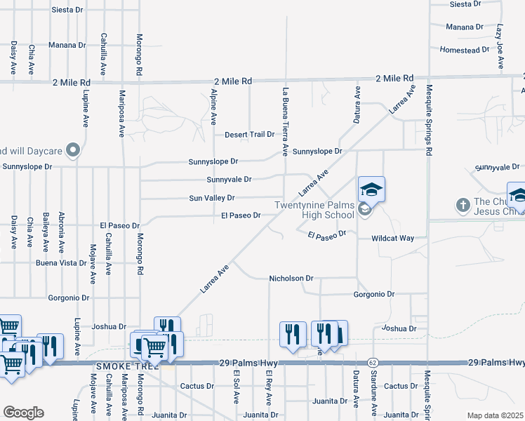 map of restaurants, bars, coffee shops, grocery stores, and more near 72444 El Paseo Drive in Twentynine Palms