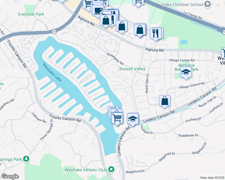 map of restaurants, bars, coffee shops, grocery stores, and more near 32181 Sailview Lane in Westlake Village