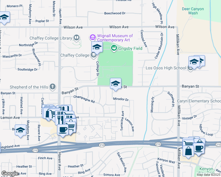 map of restaurants, bars, coffee shops, grocery stores, and more near 6110 Cantabria Avenue in Rancho Cucamonga