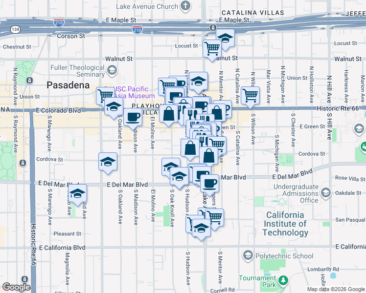 map of restaurants, bars, coffee shops, grocery stores, and more near 153 South Hudson Avenue in Pasadena