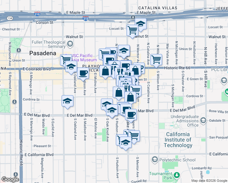 map of restaurants, bars, coffee shops, grocery stores, and more near 153 South Hudson Avenue in Pasadena