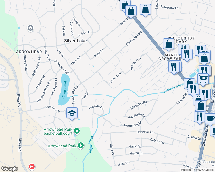 map of restaurants, bars, coffee shops, grocery stores, and more near 445 Motts Creek Road in Wilmington