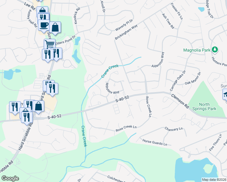 map of restaurants, bars, coffee shops, grocery stores, and more near 108 Wiltshire Way in Columbia