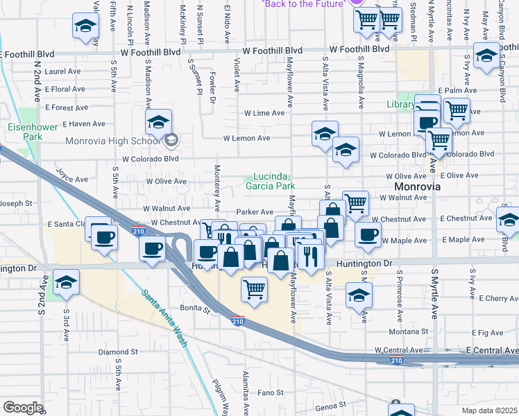 map of restaurants, bars, coffee shops, grocery stores, and more near 547 Parker Avenue in Monrovia