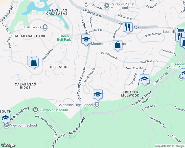 map of restaurants, bars, coffee shops, grocery stores, and more near 4126 Meadowlark Drive in Calabasas
